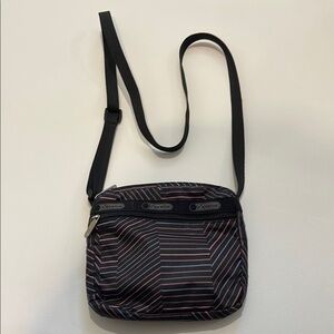 LeSportsac Black and Pink Diagonal Stripe Crossbody Classic Hobo Bag